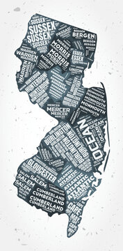 New Jersey counties word clouds. State shape on textured background. New Jersey design in typographic style. Creative vector illustration.