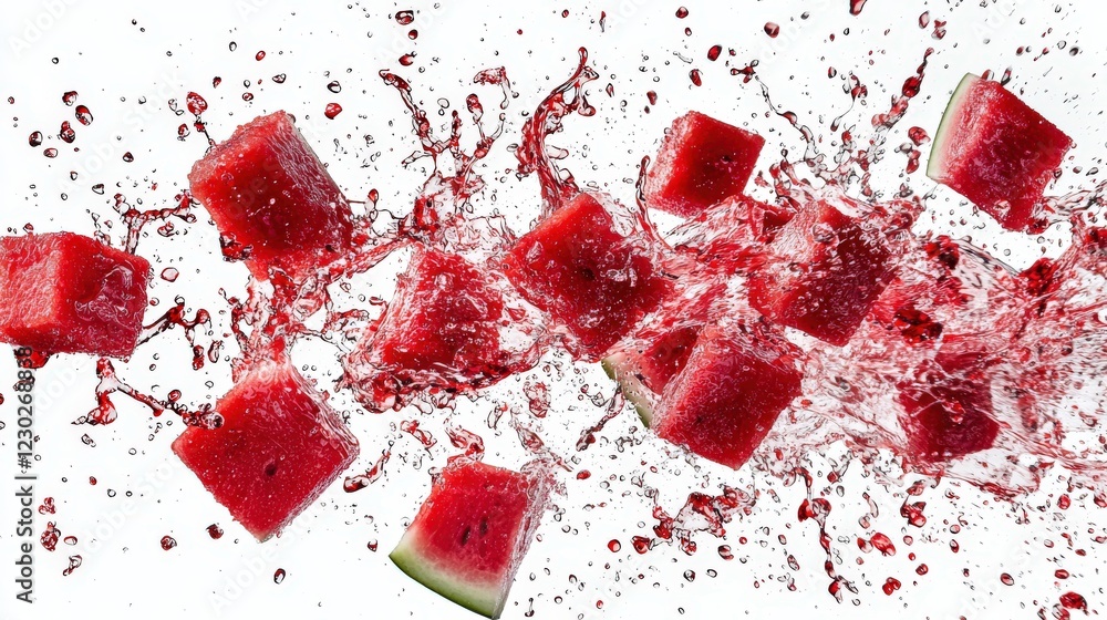 Poster fresh watermelon cubes splashing in clean water against a white background creating dynamic water dr