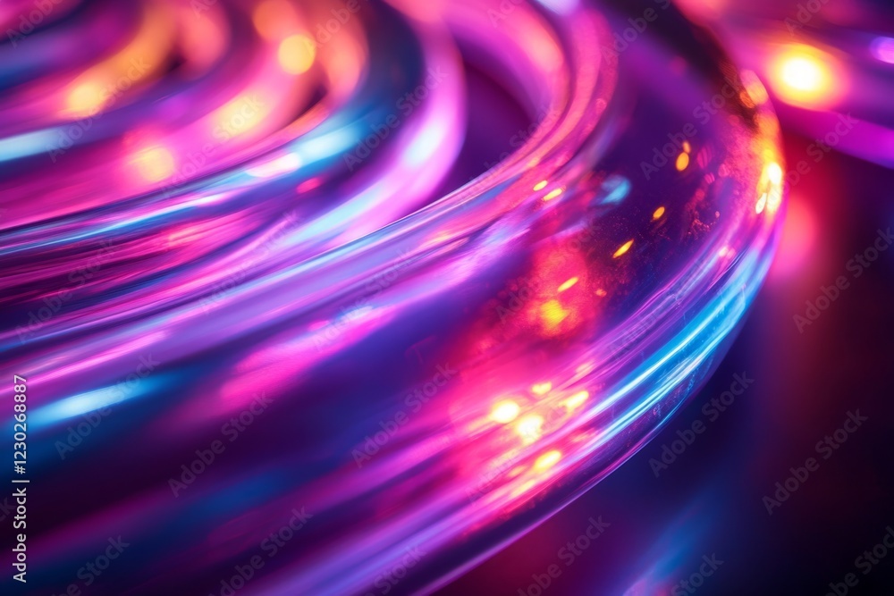 Poster fiber optic cables transmit data with glowing light trails and colorful bokeh effect