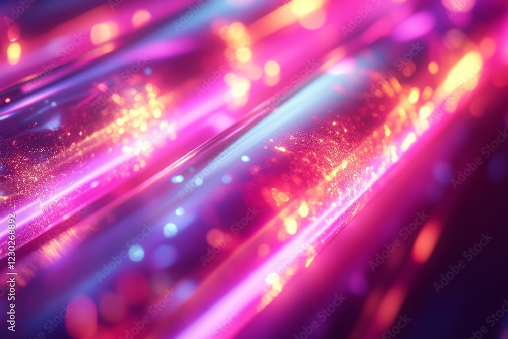 Poster fiber optic cables transmit data with glowing light trails and colorful bokeh effect