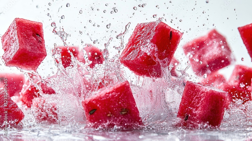 Aufkleber fresh watermelon cubes splashing in clear water with bubbles and reflections creating an inviting su