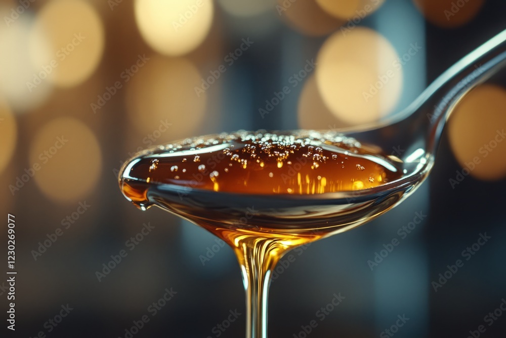 Poster honey dripping from a spoon with blurred lights in the background creates a warm and inviting image