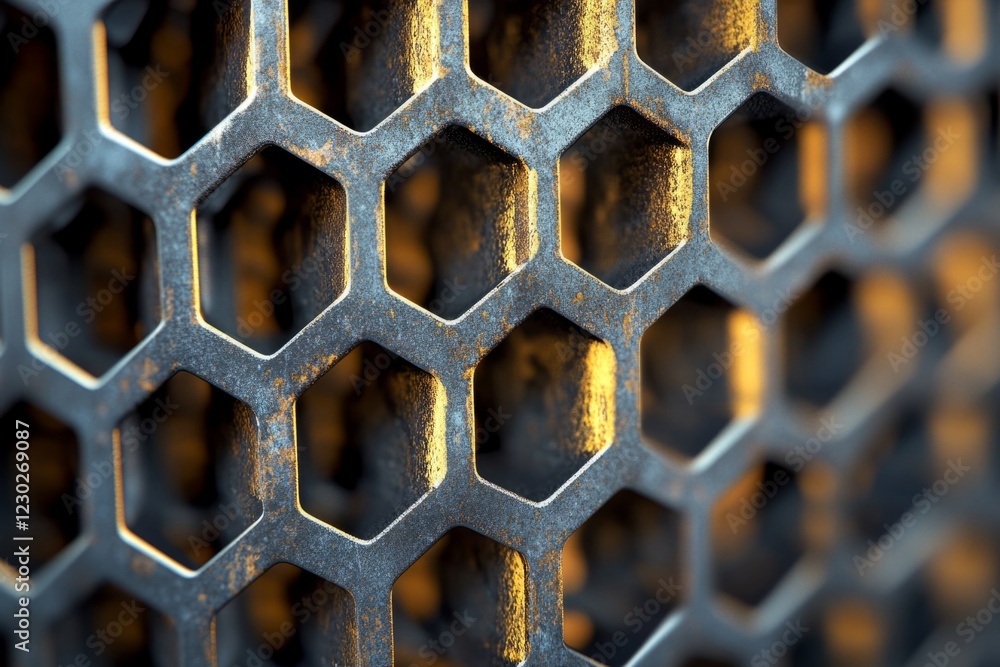 Poster close-up view of a metallic honeycomb grid forming a seamless pattern of hexagons