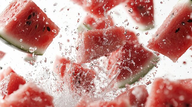 Fresh Watermelon Pieces Splashing in Droplets Against a White Background for Summer Refreshment Concept