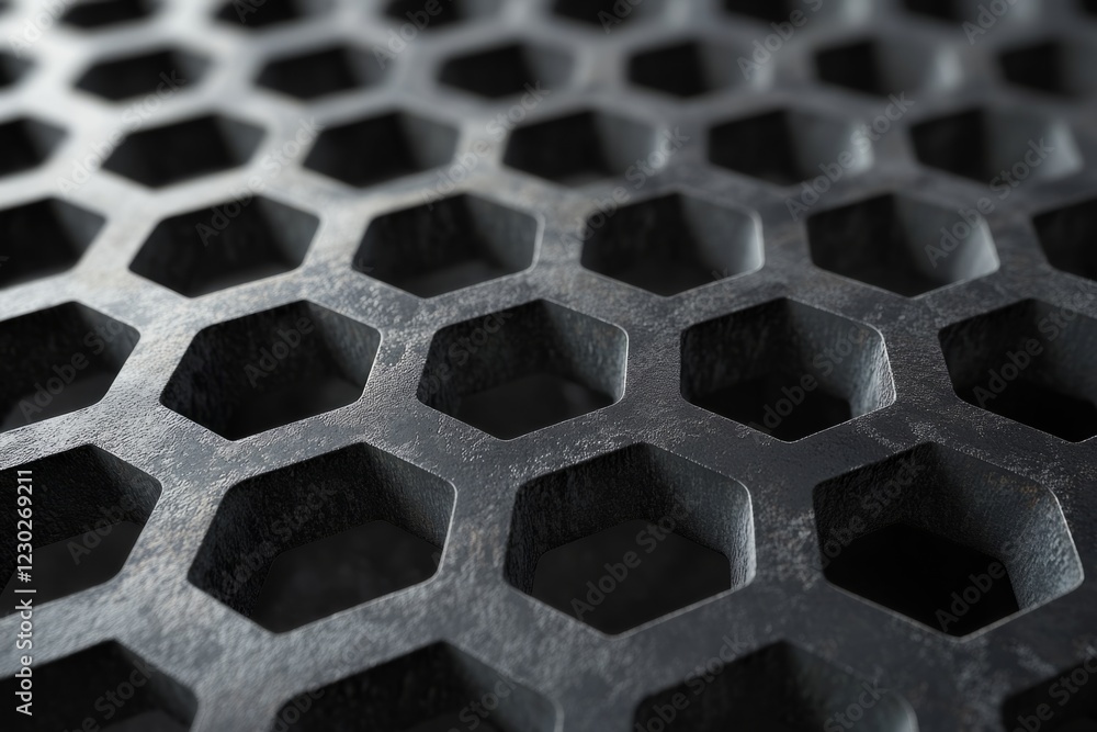Aufkleber close-up view of dark metallic honeycomb grid forming textured surface, emphasizing geometric patter