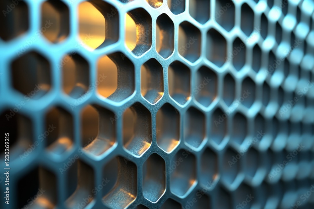 Poster close-up view of metallic honeycomb grid forming repeating hexagonal pattern, showcasing modern desi