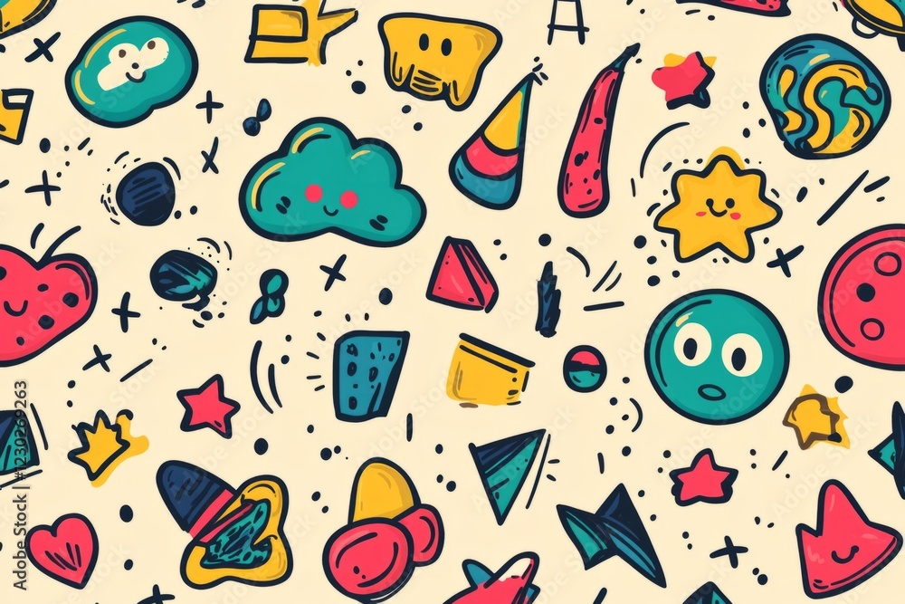 Aufkleber seamless pattern featuring various colorful and playful cartoon characters and geometric shapes on a