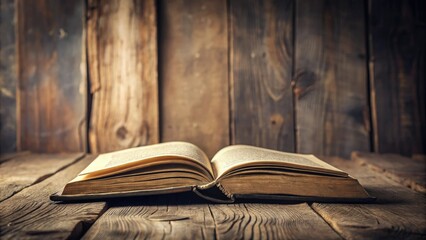 Soft focus of a dusty old book lying open on a worn wooden table, study, dust, wood grain