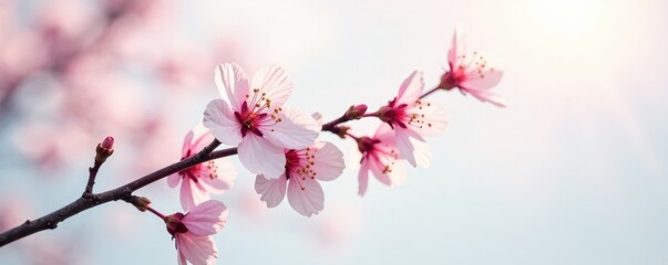 Soft focus sakura branch on white background with gentle dew, natural, fog, dew