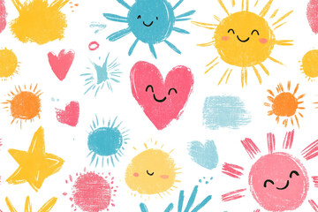 Colorful seamless pattern radiating joy and happiness with smiling suns, hearts, and stars, perfect for children's designs