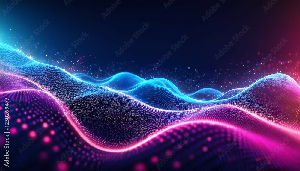Poster blue and pink waves with sparkling particles technology data visualization
