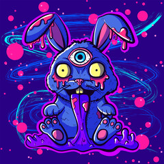 Acid trippy bunny with insane eyes surrounded by sticky purple slime. Neon psychedelic rabbit with the third eye open, psychoactive concept.