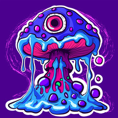Acid trippy psychedelic mushroom with an eye, surrounded by slime. Clipart doodle of a neon mushroom with liquid.