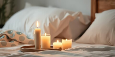 Softly glowing candlelight on a peaceful bedside table, tranquility, bedside