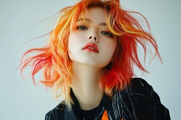 Young woman with orange and yellow dyed hair posing for fashion shooting