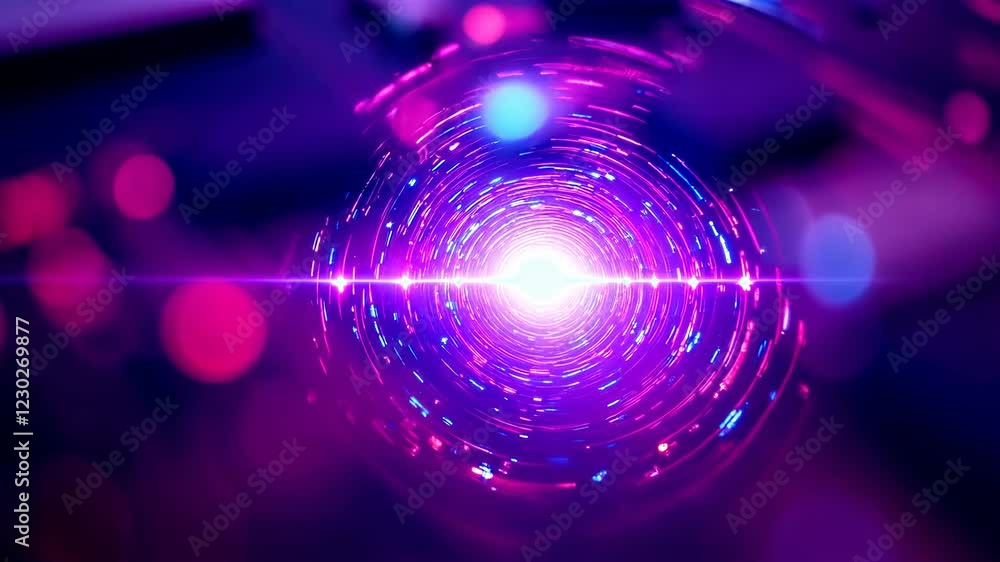Aufkleber close up view of a circuit board with vibrant pink and purple lighting, showcasing intricate circuit