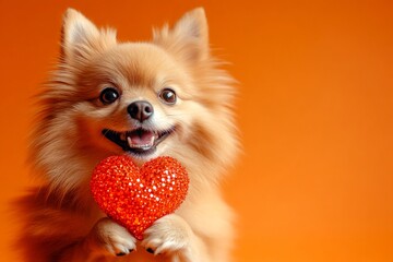 Obraz premium Promotion creative. Cute finnish spitz doggy with sparkling rhinestones red heart - emblem of love, funny greeting card. Finnish spitz - my treasured dog. Red heart romantic pet ideas.