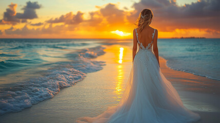 Bride in flowing gown walks along the beach at sunset, creating a romantic and serene atmosphere