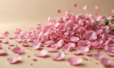Fototapeta premium Soft pink rose petals scattered on a warm beige background , subtle, abstract background