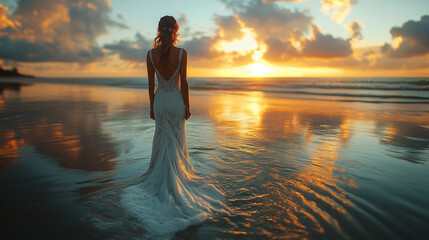 Fototapeta premium Bride walking along serene beach at sunset with vibrant colors reflecting on water
