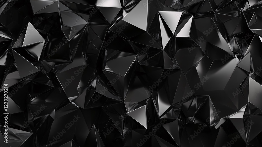 Poster a 3d render of an abstract black crystal background featuring a faceted texture in a macro panorama 