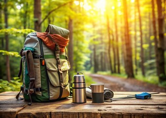 Fototapeta premium Macro Close-up of Camping Gear and Backpack on Rustic Wooden Table in Forest