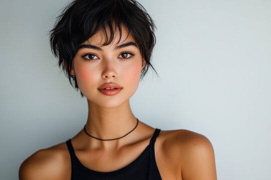 Studio portrait of a young woman with a stylish pixie cut, showcasing a modern and confident look