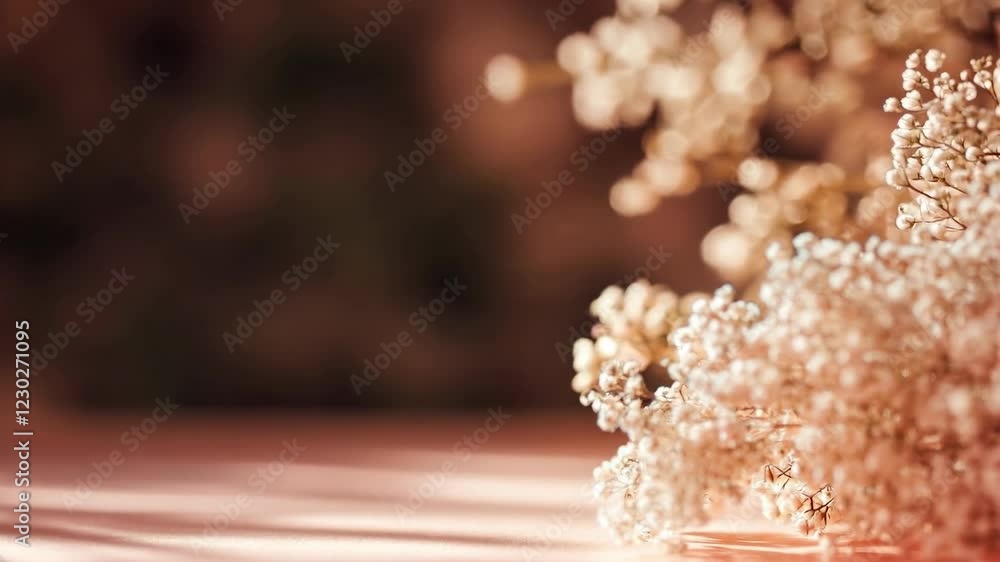 Poster close up of delicate white flowers on a soft pink surface, bathed in warm, diffused light. the backg