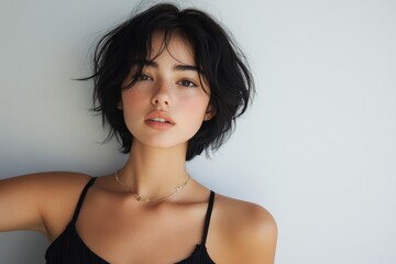 Close-up portrait of beautiful young woman with short dark hair, freckles, and perfect skin, representing natural beauty and confidence