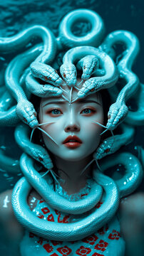 Portrait of a Woman Surrounded by Teal Snakes