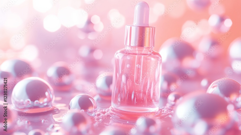 Poster a 3d-rendered visualization of cosmetic serum bubbles floating in a soft-focus background, illustrat