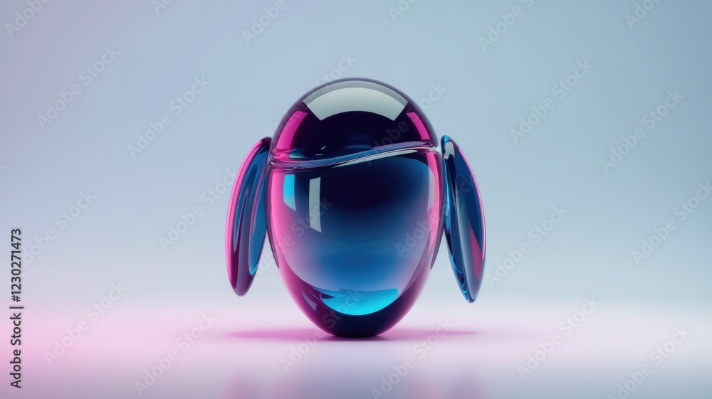Poster abstract 3d render of a glossy, blue and pink orb with side flaps, futuristic and sleek design.