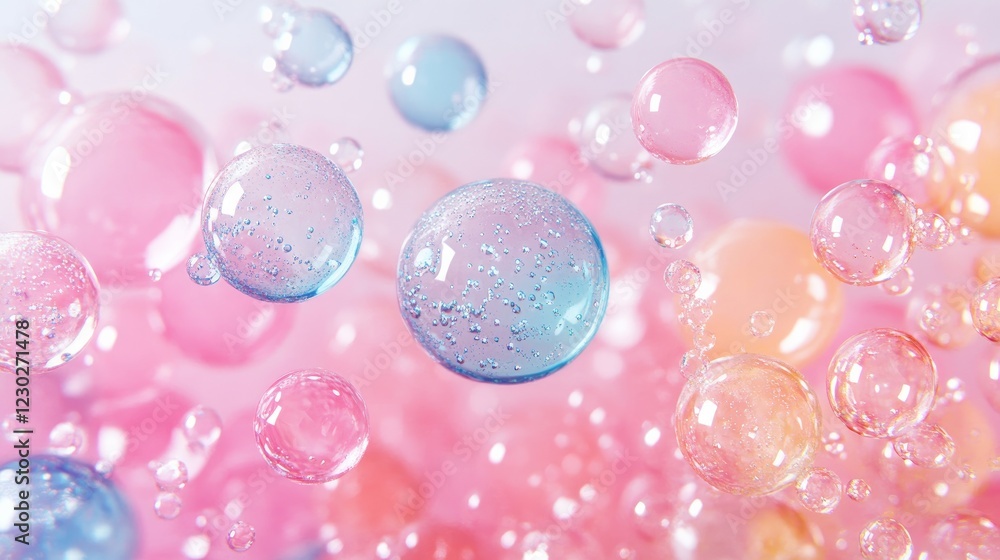 Poster a 3d-rendered visualization of cosmetic serum bubbles floating in a soft-focus background, illustrat