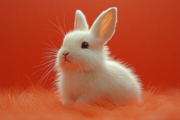 Adorable White Bunny Sitting on Orange Fur