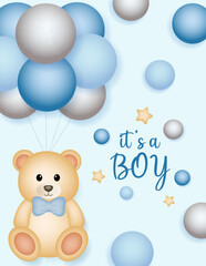 Baby shower design with balloons, star and teddy bear on blue background. It's a boy design.