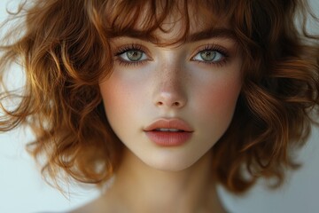 Naklejka premium Close-up beauty portrait of attractive young redhead woman with freckles and curly hair showing natural beauty