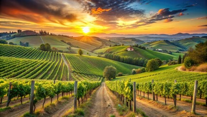Fototapeta premium Panoramic view of an Italian vineyard at sunset with rolling hills and grapevines, rolling hills, rural landscape, italian vineyard