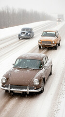 Naklejka premium Three Vintage Cars on Snowy Highway
