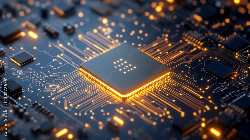 Poster glowing microchip on circuit board: high-tech digital technology