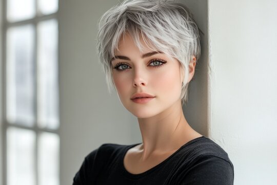 Portrait of a young woman with stylish grey hair and modern makeup posing in daylight studio