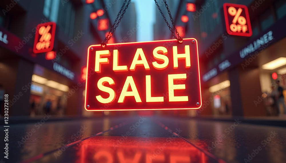 Poster artistic retail visualization with glowing flash sale text and floating animated discount tags in da