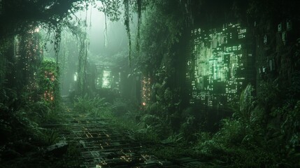 Fototapeta premium Luminous Path Through a Digital Jungle