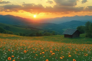 Selbstklebende Fototapeten Vibrant sunset over a flower-filled meadow with a rustic cabin in a serene hillside landscape © PD