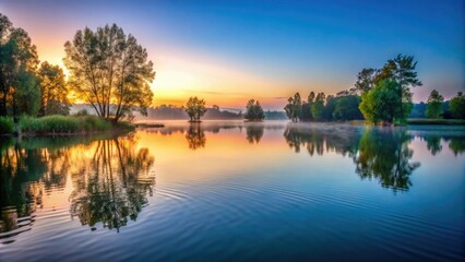 Peaceful lake at dawn with gentle water ripples and surrounding trees, tranquility, pond, calm