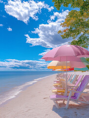 Tropical beach with pastel umbrellas and chairs, creating a romantic vacation vibe. Perfect for Valentine's Day, love, travel, desktop wallpaper, and greeting cards.