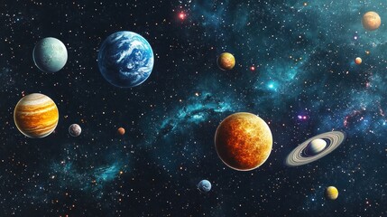 A cosmic scene depicting planets, satellites, and asteroids drifting through a dark, starry sky--an imaginative and futuristic galaxy background for digital art and gaming
