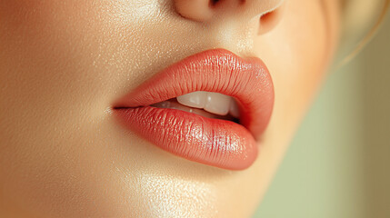 Naklejka premium Close-up of soft, beautifully shaped lips with a delicate coral hue, showcasing a glossy finish and health