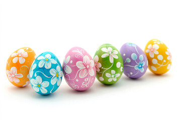 Obraz premium Row of colorful Easter eggs in pastel colors with floral decoration on white background. Easter concept