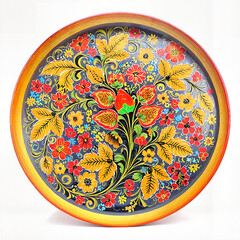 Vibrant hand-painted decorative wooden plate featuring floral patterns on white background
