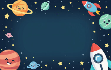 Whimsical outer space scene featuring cheerful cartoon style planets with friendly expressions and a colorful rocket ship soaring through the cosmos